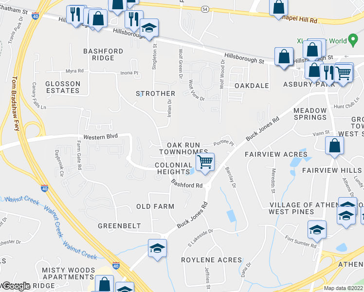 map of restaurants, bars, coffee shops, grocery stores, and more near 504 Oak Run Drive in Raleigh