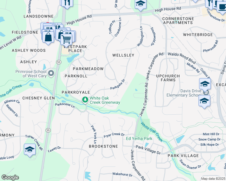 map of restaurants, bars, coffee shops, grocery stores, and more near 218 Parkgate Drive in Cary