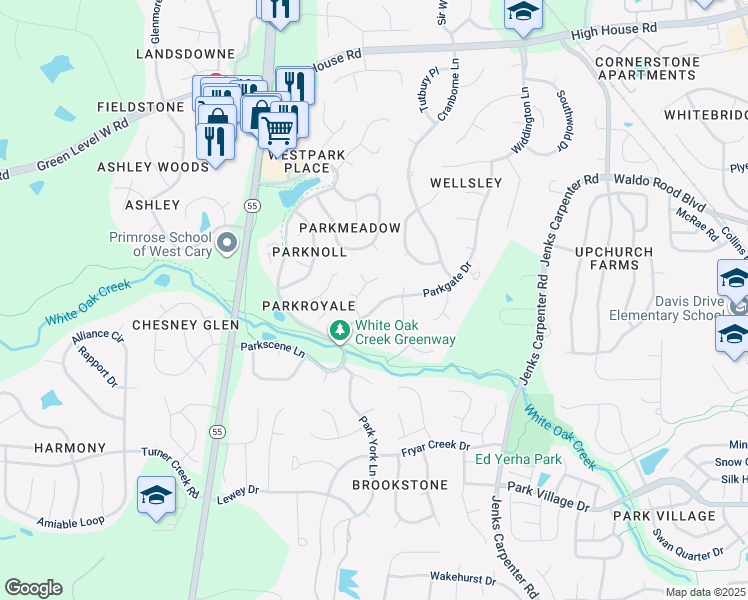 map of restaurants, bars, coffee shops, grocery stores, and more near 205 Parkgate Drive in Cary