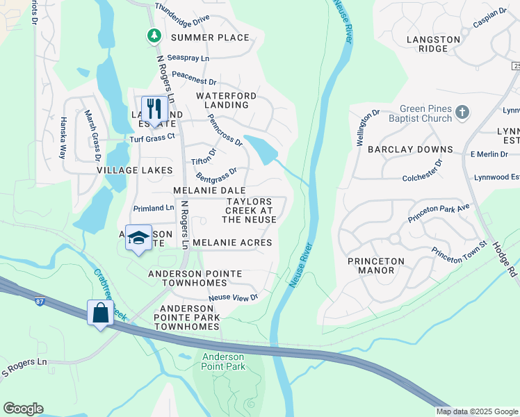 map of restaurants, bars, coffee shops, grocery stores, and more near 112 Taylors Creek Court in Raleigh