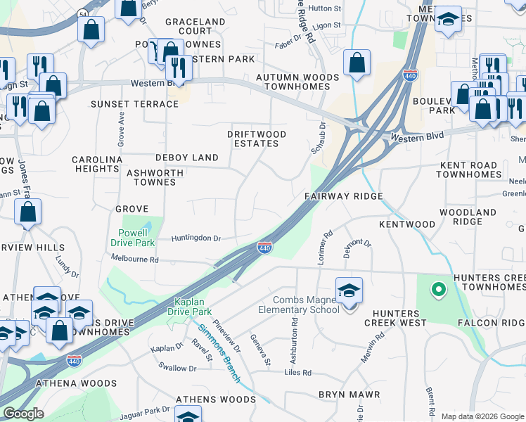 map of restaurants, bars, coffee shops, grocery stores, and more near 5001 Dunwoody Trail in Raleigh