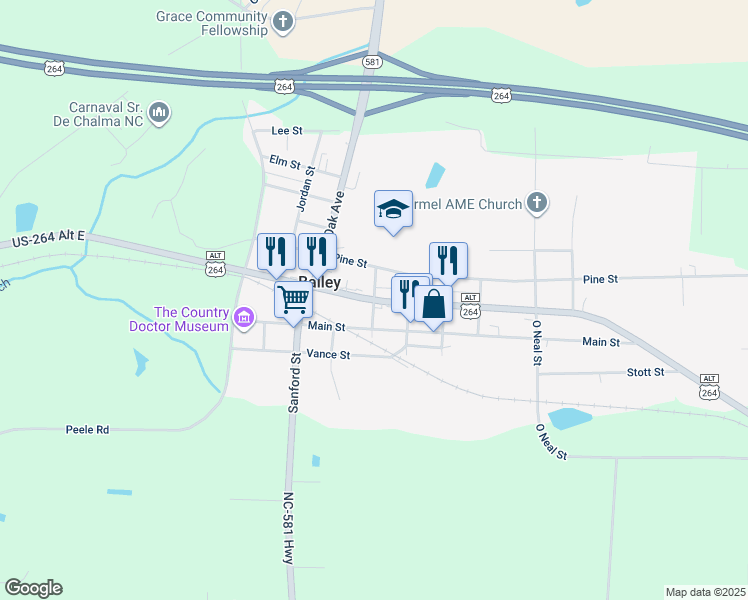 map of restaurants, bars, coffee shops, grocery stores, and more near Benson Street in Bailey