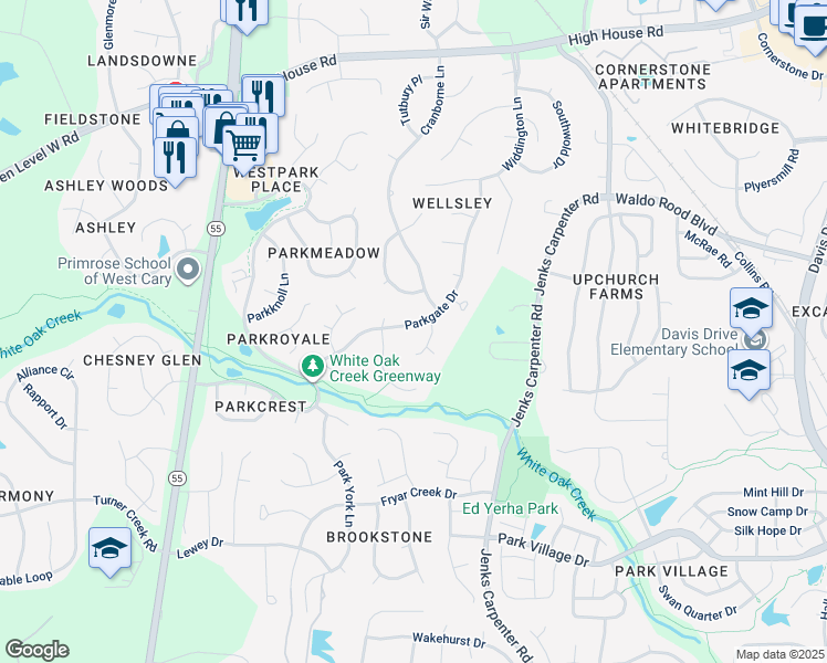 map of restaurants, bars, coffee shops, grocery stores, and more near 218 Parkgate Drive in Cary