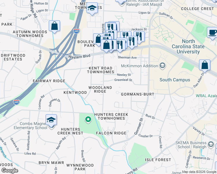 map of restaurants, bars, coffee shops, grocery stores, and more near 1317 Kent Road in Raleigh