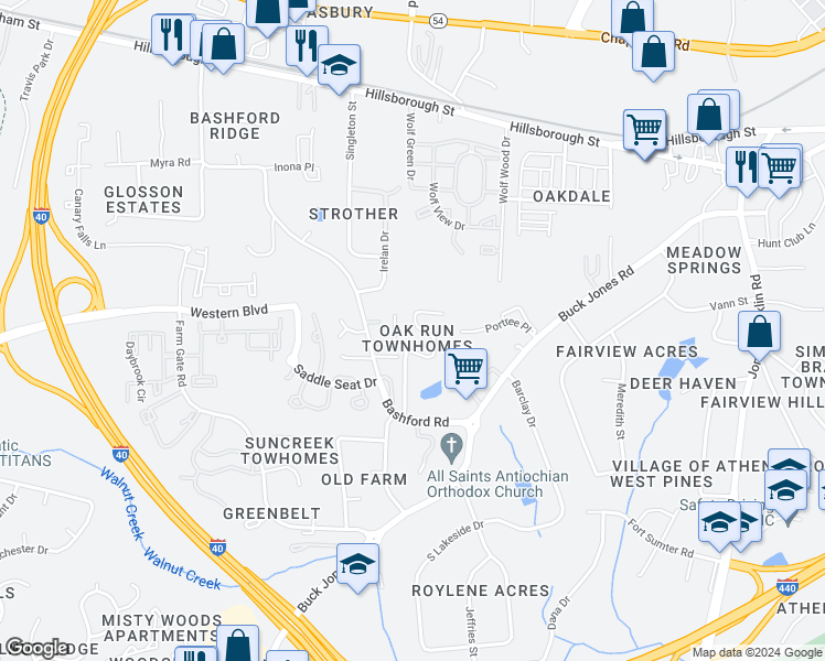 map of restaurants, bars, coffee shops, grocery stores, and more near 502 Oak Run Drive in Raleigh