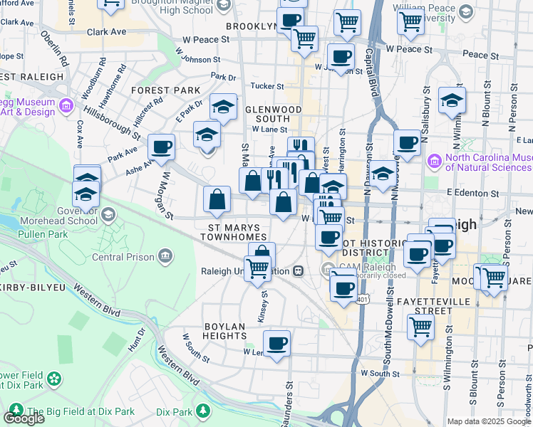 map of restaurants, bars, coffee shops, grocery stores, and more near 110 South Boylan Avenue in Raleigh