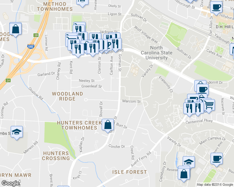 map of restaurants, bars, coffee shops, grocery stores, and more near 3615 Marcom Street in Raleigh