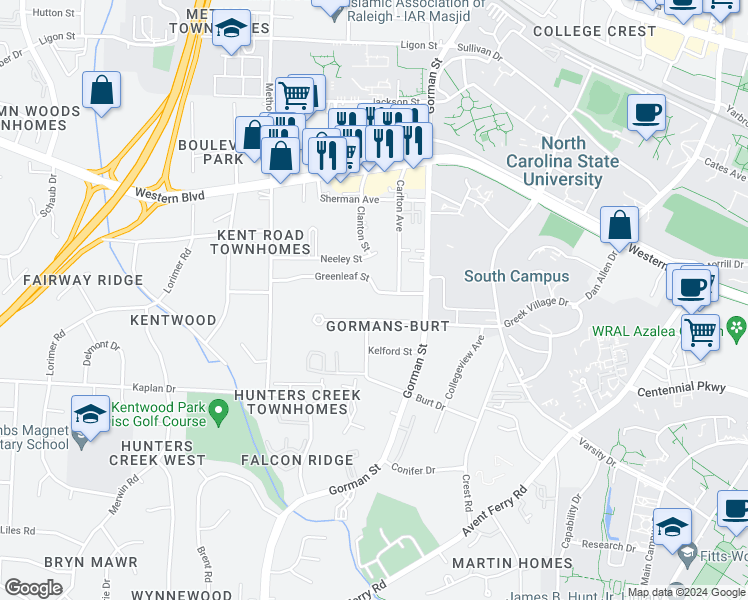 map of restaurants, bars, coffee shops, grocery stores, and more near 3901 Marcom Street in Raleigh