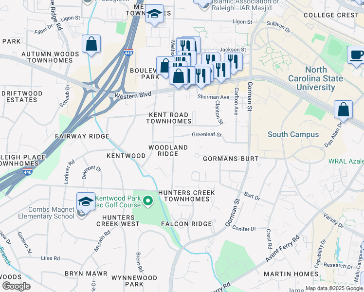 map of restaurants, bars, coffee shops, grocery stores, and more near 1317 Kent Road in Raleigh