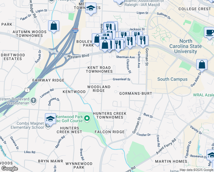 map of restaurants, bars, coffee shops, grocery stores, and more near 1305 Kent Road in Raleigh