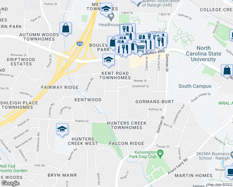 map of restaurants, bars, coffee shops, grocery stores, and more near 1314 Kent Road in Raleigh