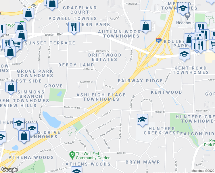map of restaurants, bars, coffee shops, grocery stores, and more near 5001 Dunwoody Trail in Raleigh