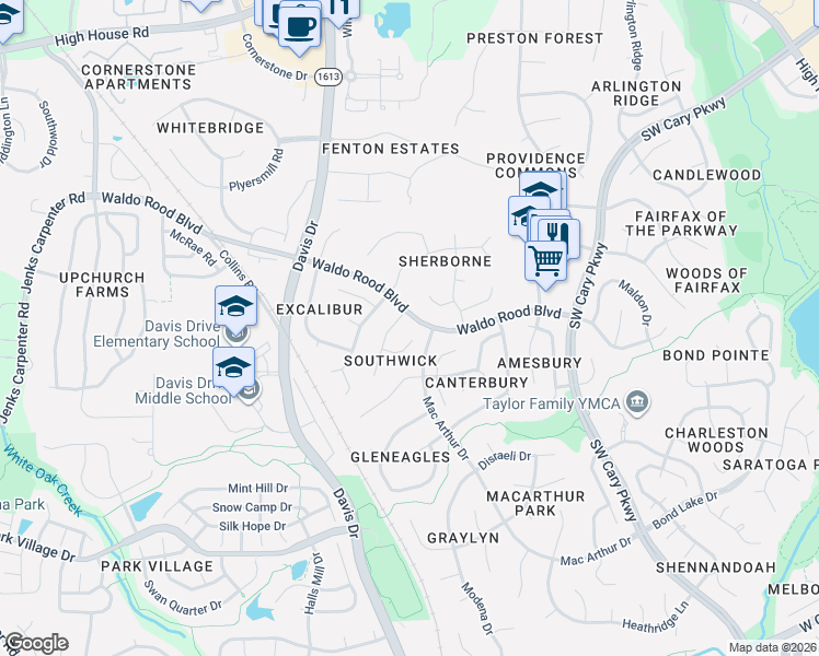 map of restaurants, bars, coffee shops, grocery stores, and more near 103 Ashwick Court in Cary