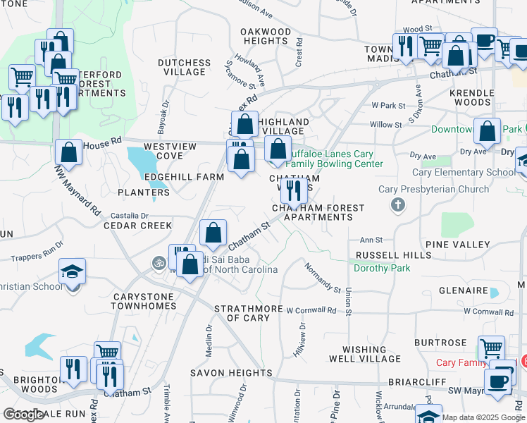 map of restaurants, bars, coffee shops, grocery stores, and more near 918 Jason Court in Cary