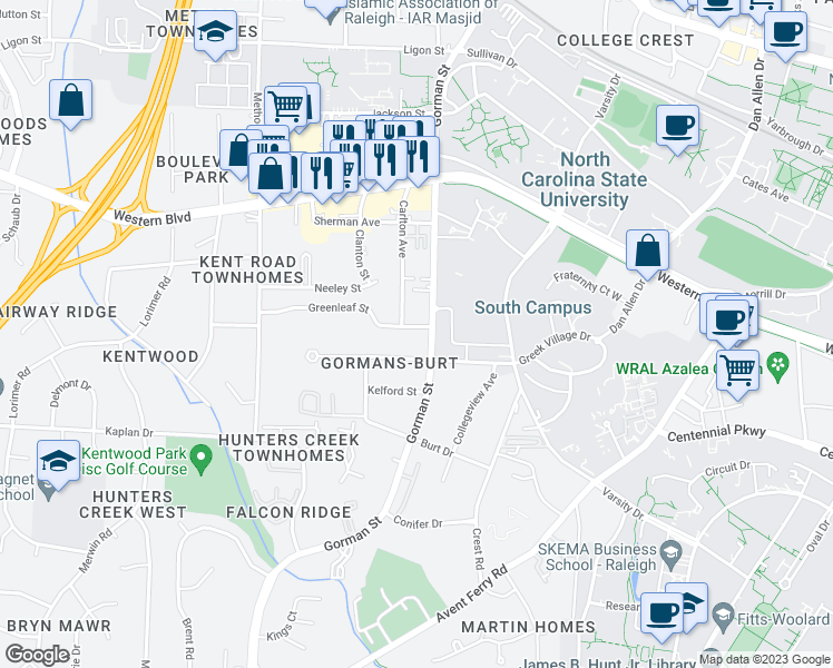map of restaurants, bars, coffee shops, grocery stores, and more near 3701 Greenleaf Street in Raleigh
