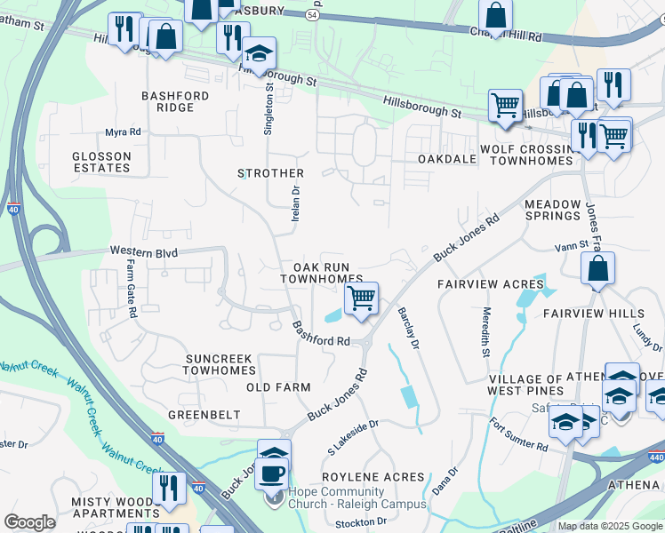 map of restaurants, bars, coffee shops, grocery stores, and more near 509 Oak Run Drive in Raleigh