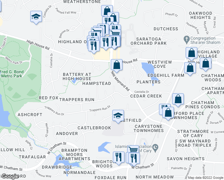 map of restaurants, bars, coffee shops, grocery stores, and more near 103 Otter Drive in Cary