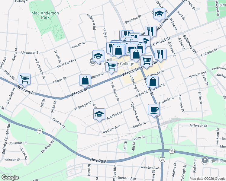 map of restaurants, bars, coffee shops, grocery stores, and more near 435 West Sharpe Street in Statesville
