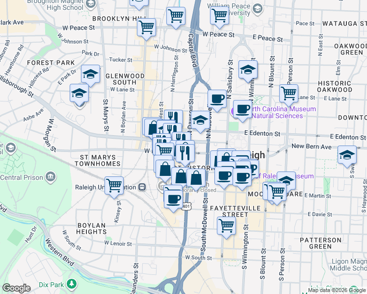 map of restaurants, bars, coffee shops, grocery stores, and more near 301 Hillsborough Street in Raleigh