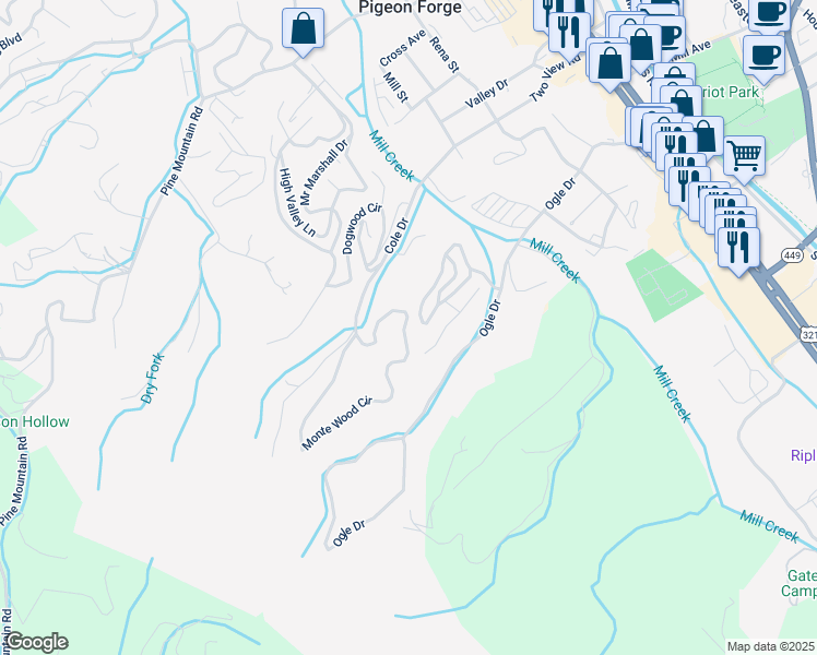 map of restaurants, bars, coffee shops, grocery stores, and more near 3525 Sandridge Way in Pigeon Forge