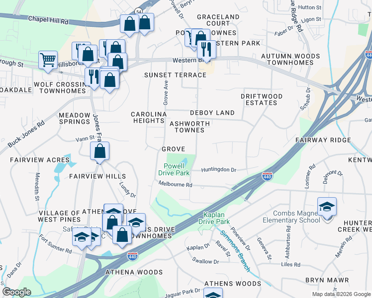 map of restaurants, bars, coffee shops, grocery stores, and more near 5305 Grovewood Place in Raleigh