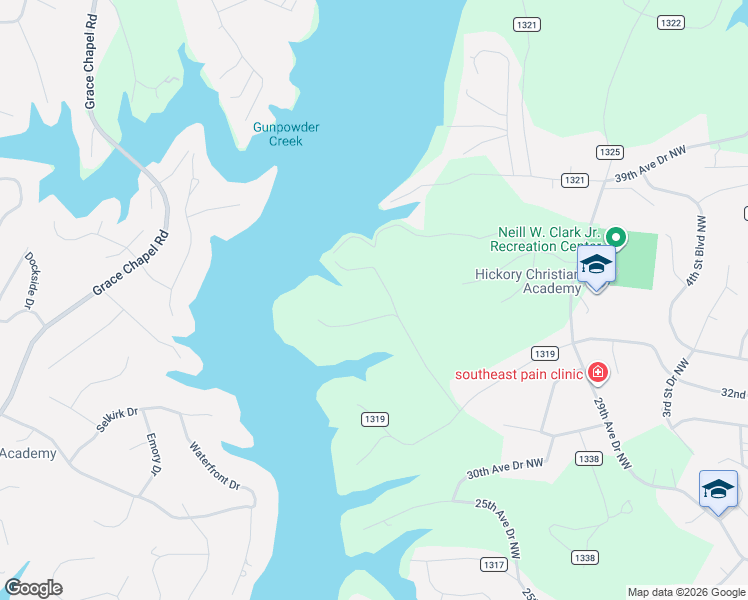 map of restaurants, bars, coffee shops, grocery stores, and more near 3125 Laurel Ridge Road Northwest in Hickory