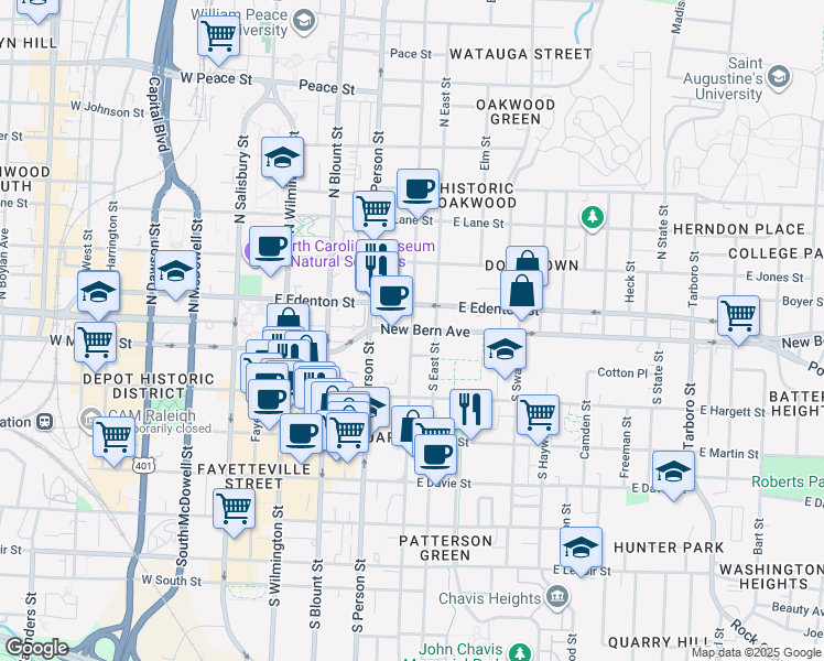 map of restaurants, bars, coffee shops, grocery stores, and more near 6 South Bloodworth Street in Raleigh