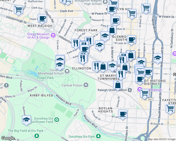 map of restaurants, bars, coffee shops, grocery stores, and more near 853 West Morgan Street in Raleigh