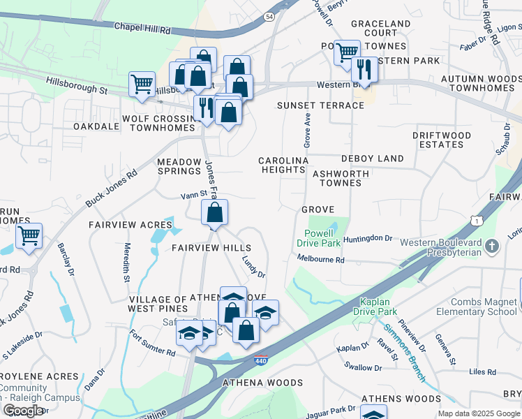 map of restaurants, bars, coffee shops, grocery stores, and more near 5105 Vann Street in Raleigh