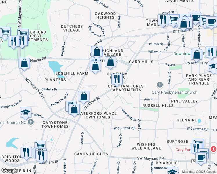 map of restaurants, bars, coffee shops, grocery stores, and more near 906 West Chatham Street in Cary