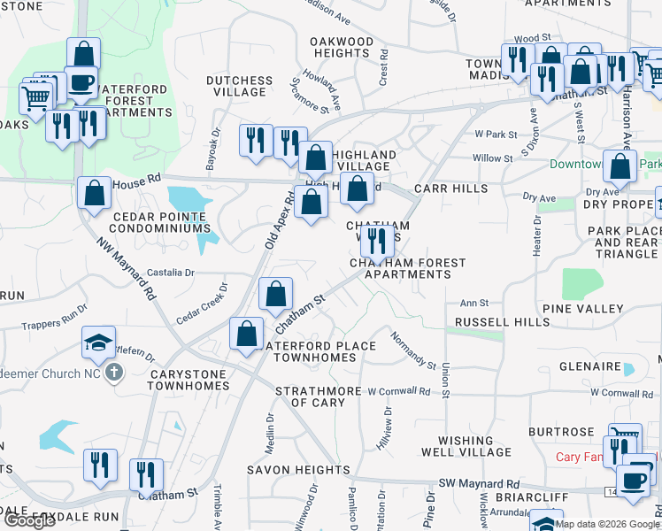 map of restaurants, bars, coffee shops, grocery stores, and more near 912 West Chatham Street in Cary