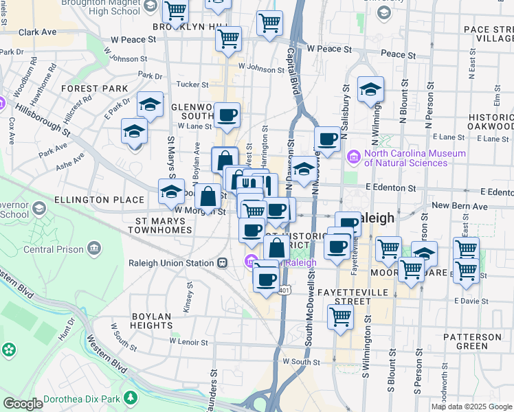 map of restaurants, bars, coffee shops, grocery stores, and more near 327 West Morgan Street in Raleigh