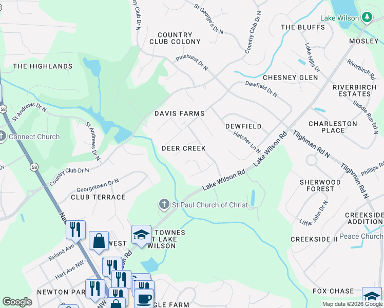 map of restaurants, bars, coffee shops, grocery stores, and more near 4312 Fawn Ct N in Wilson