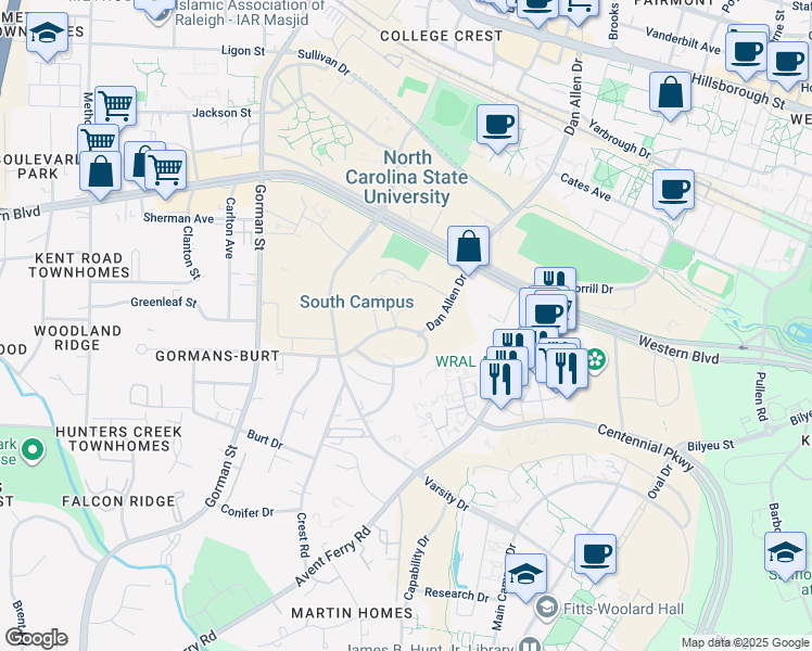 map of restaurants, bars, coffee shops, grocery stores, and more near 2337-2399 Fraternity Court West in Raleigh