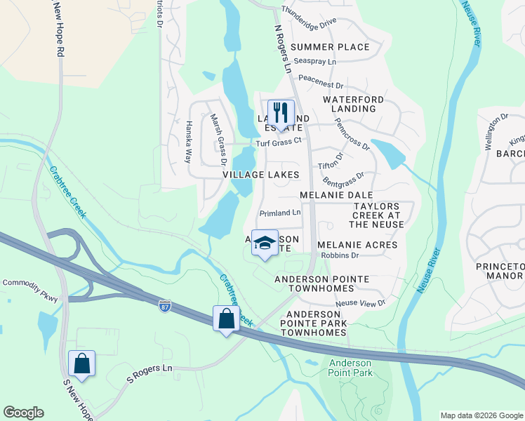 map of restaurants, bars, coffee shops, grocery stores, and more near 5141 Busted Rock Trail in Raleigh