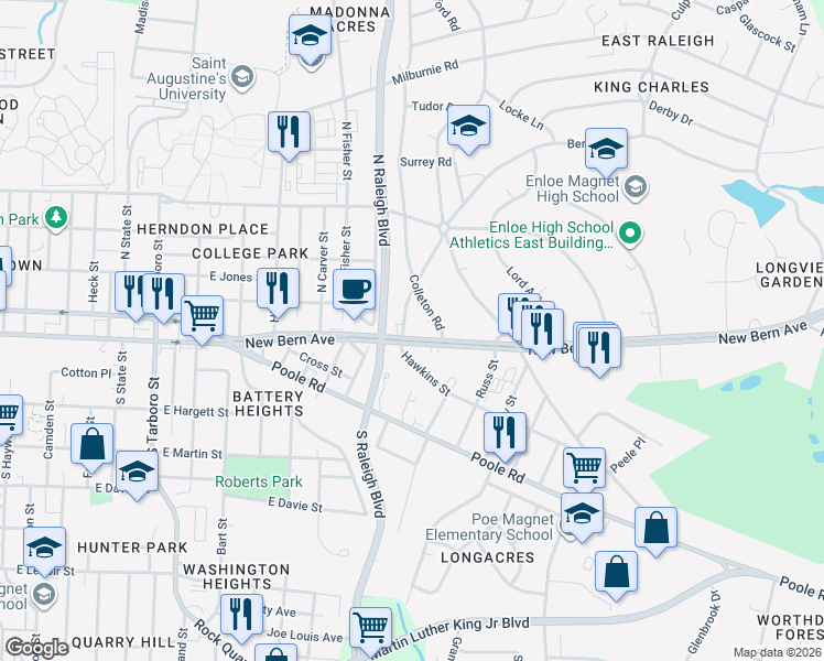 map of restaurants, bars, coffee shops, grocery stores, and more near 1904 New Bern Avenue in Raleigh