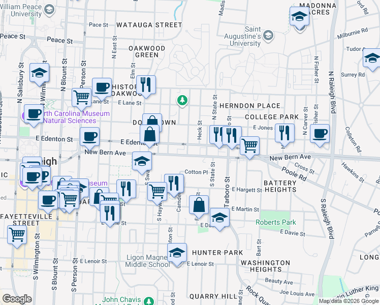 map of restaurants, bars, coffee shops, grocery stores, and more near 902 New Bern Avenue in Raleigh