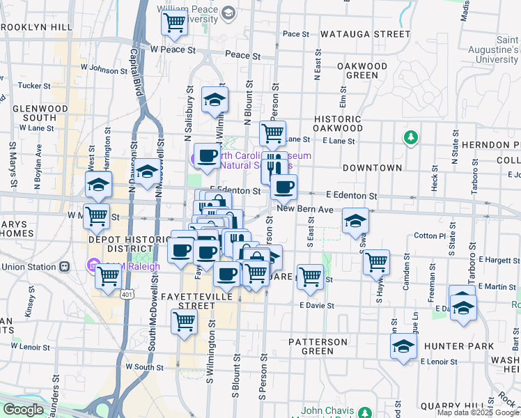 map of restaurants, bars, coffee shops, grocery stores, and more near 208 East Morgan Street in Raleigh