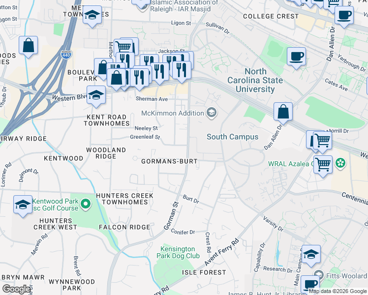 map of restaurants, bars, coffee shops, grocery stores, and more near 3615 Marcom Street in Raleigh