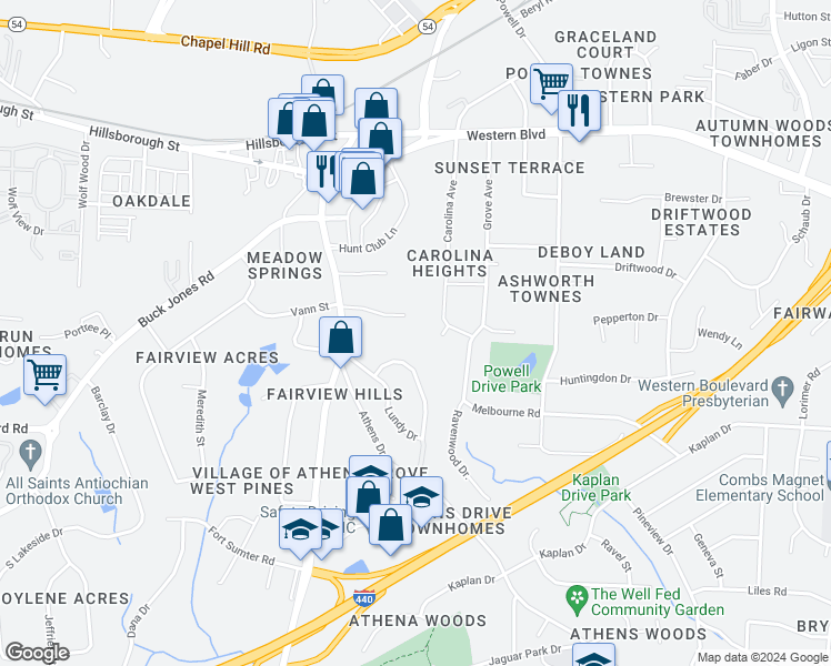 map of restaurants, bars, coffee shops, grocery stores, and more near 5140 Simmons Branch Trail in Raleigh