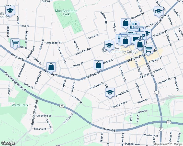 map of restaurants, bars, coffee shops, grocery stores, and more near 645 West Front Street in Statesville