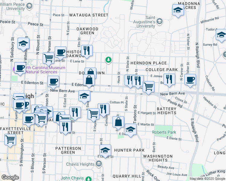 map of restaurants, bars, coffee shops, grocery stores, and more near 902 New Bern Avenue in Raleigh