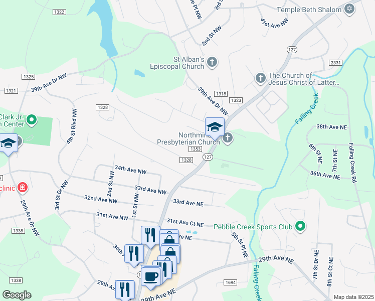 map of restaurants, bars, coffee shops, grocery stores, and more near 29 37th Avenue Northwest in Hickory