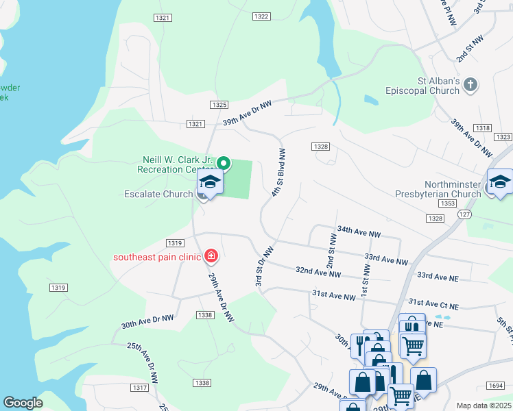 map of restaurants, bars, coffee shops, grocery stores, and more near 3361 4th Street Boulevard Northwest in Hickory