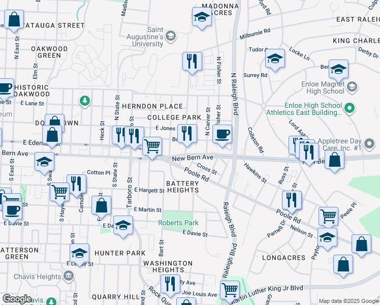 map of restaurants, bars, coffee shops, grocery stores, and more near 1405 New Bern Avenue in Raleigh