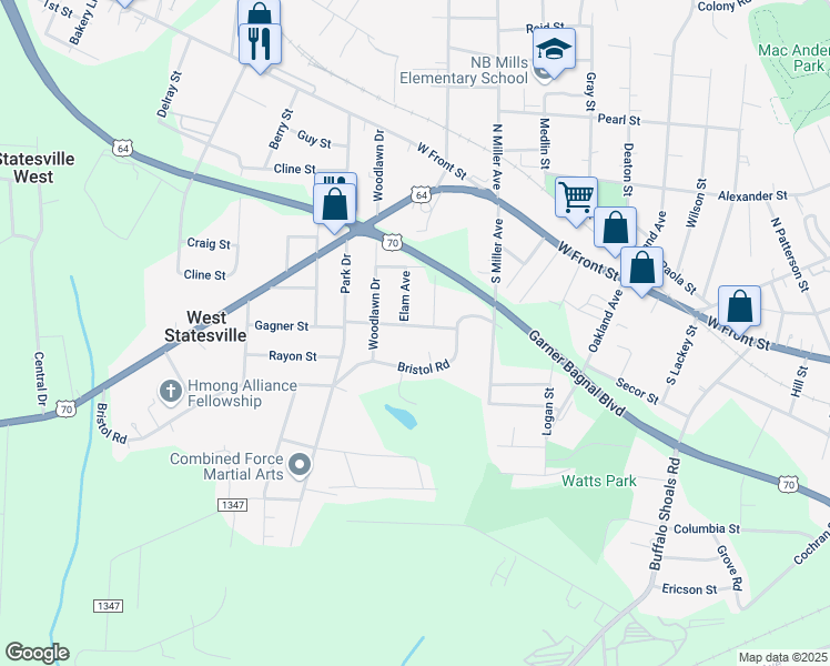map of restaurants, bars, coffee shops, grocery stores, and more near 616 Bristol Terrace in Statesville
