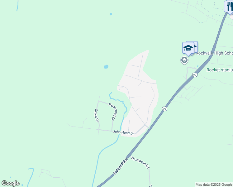 map of restaurants, bars, coffee shops, grocery stores, and more near 2225 Salem Woods Drive in Rockvale