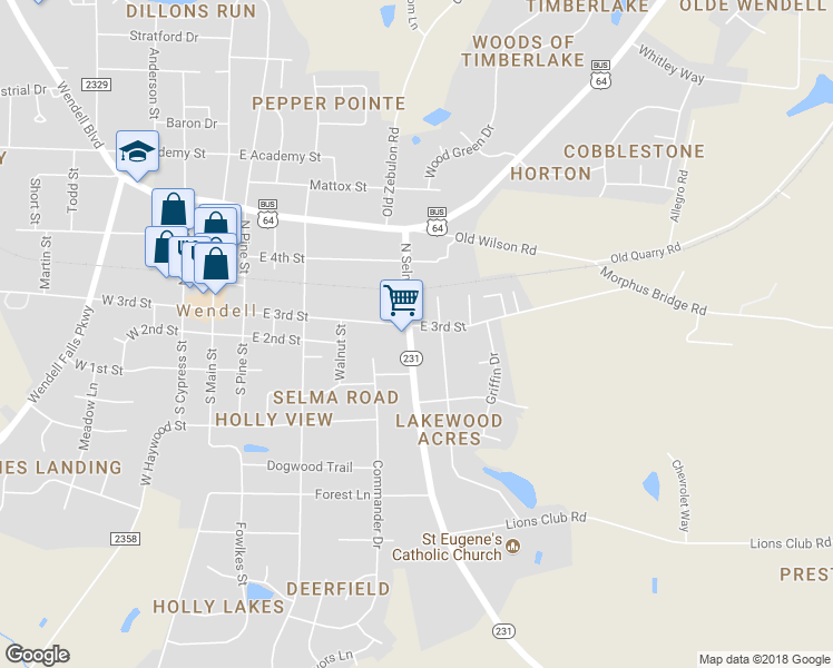 map of restaurants, bars, coffee shops, grocery stores, and more near 502 East 3rd Street in Wendell