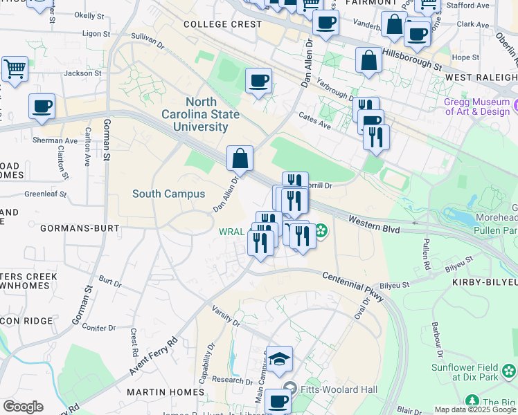 map of restaurants, bars, coffee shops, grocery stores, and more near 2717 Western Boulevard in Raleigh