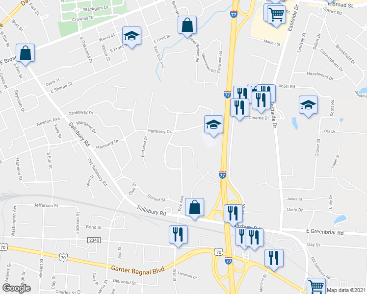 map of restaurants, bars, coffee shops, grocery stores, and more near 1021 Foxcroft Lane in Statesville